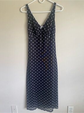 GB Black White Polka Dot Slip Midi Dress Lace Trim Bow Y2K Size S